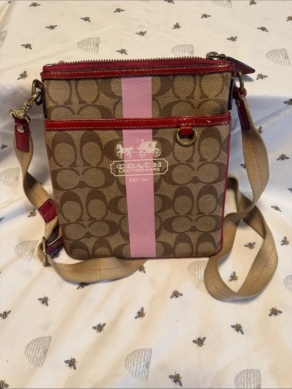 Coach Brown Signature Crossbody with Pink Center Stripe and Red Trim